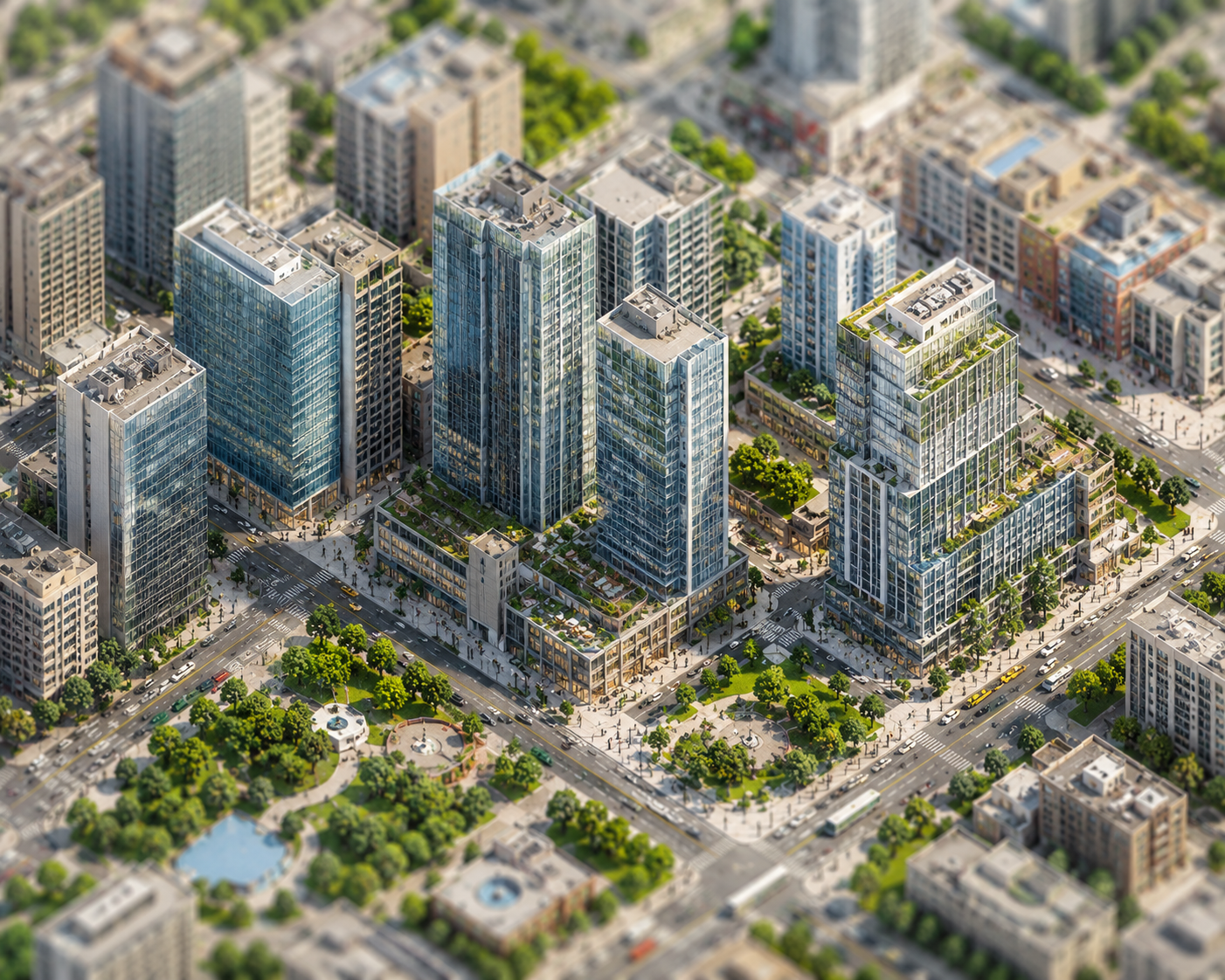 Пример /isometric - изометрический городской квартал с детализированными зданиями