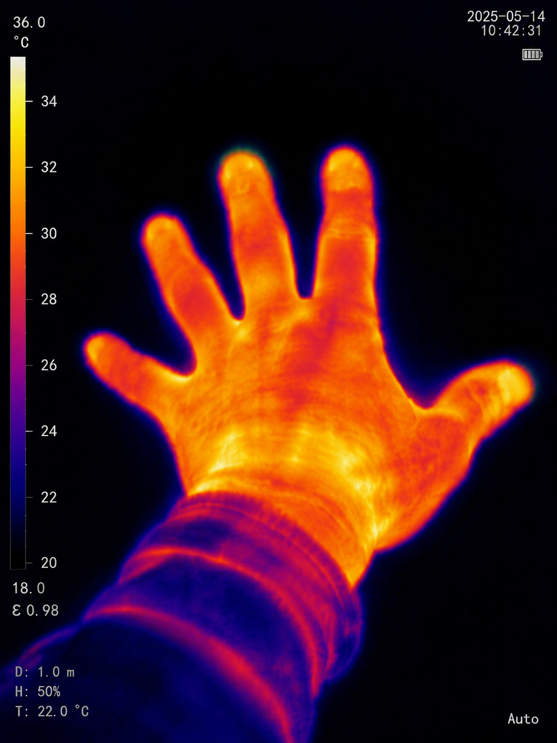 Пример /thermal - тепловизионный снимок руки человека в оранжево-синей палитре