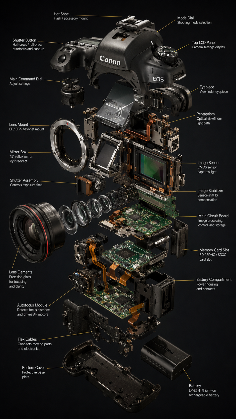 Пример /explodedview - фотоаппарат Canon в разборе, все детали разнесены в пространстве